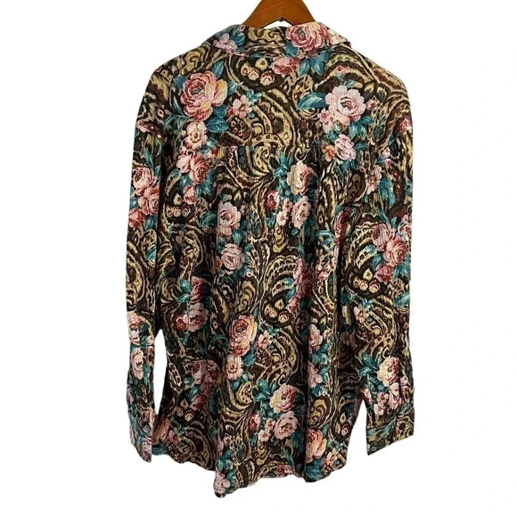 Roamans Floral Rose Button Up Blouse 1X Front Pocket Swirls Long Sleeve Stretch - Picture 2 of 8